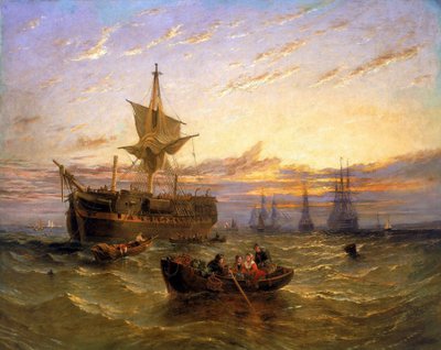 テムズ川を行くイギリス東インド貿易船（イギリス）。ウィリアム・アドルファス・ネル（1802-1875）によるキャンバスに油彩。 作： William Adolphus Knell