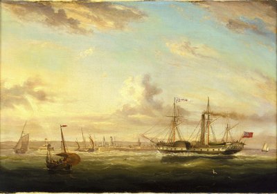 フォークストン（イギリス）沖の蒸気船と車輪付きの「Superb」。キャンバスに油彩 作： William Adolphus Knell