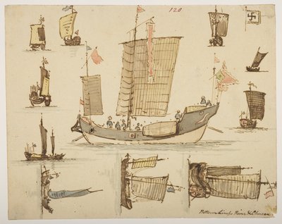 1792 年から 1794 年にかけてマッカートニー卿の中国皇帝への大使館で作成された、風景、海岸線、衣装、日常生活の 372 枚の図面のアルバムからの「リンポ川とチュサンの間」の 120 隻のボート (紙に鉛筆と水彩) 作： William Alexander