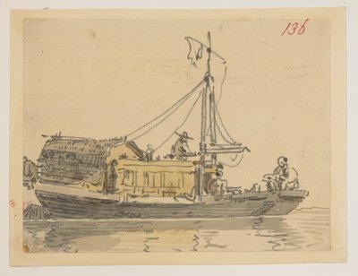 136. ジャンク、1792 年から 1794 年にかけてマッカートニー卿の中国皇帝への大使館で作成された、風景、海岸線、衣装、日常生活の 372 枚の図面のアルバムから (紙に鉛筆と水彩) 作： William Alexander
