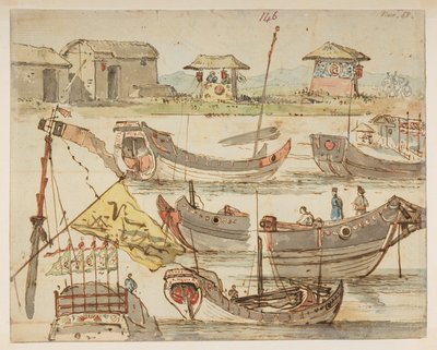 146ボート。 「11月18日」  、1792年から1794年の間にマッカートニー卿の中国皇帝への大使館で作成された風景、海岸線、衣装、日常生活の372枚の絵のアルバムから（紙に鉛筆と水彩） 作： William Alexander