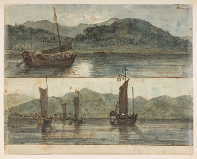 146v 川のシーン。 「ムーンライト 11 月 17 日」  、1792年から1794年の間にマッカートニー卿の中国皇帝への大使館で作成された風景、海岸線、衣装、日常生活の372枚の絵のアルバムから（紙に鉛筆と水彩） 作： William Alexander