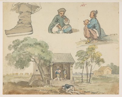 165 フィギュア研究と神社。  、1792年から1794年の間にマッカートニー卿の中国皇帝への大使館で作成された風景、海岸線、衣装、日常生活の372枚の絵のアルバムから（紙に鉛筆と水彩） 作： William Alexander