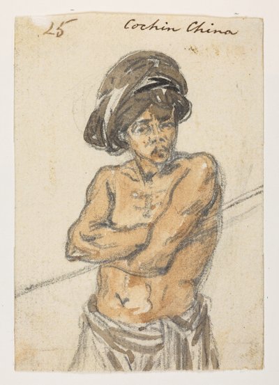 25 コーチンチャイナの男  1792年から1794年にかけてマッカートニー卿の中国皇帝への大使館で作成された風景、海岸線、衣装、日常生活の372枚の絵のアルバムから（紙に鉛筆と水彩） 作： William Alexander