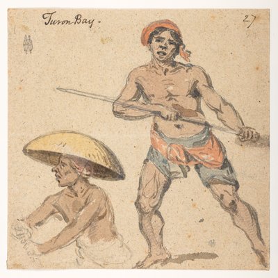 27 「トゥーロン湾」の 2 人の男性。  1792年から1794年にかけてマッカートニー卿の中国皇帝への大使館で作成された風景、海岸線、衣装、日常生活の372枚の絵のアルバムから（紙に鉛筆と水彩） 作： William Alexander