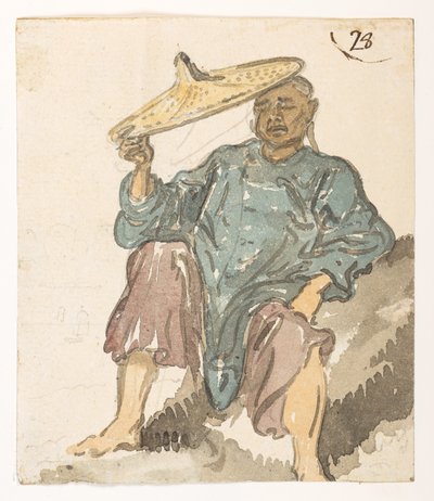 28 眠っている人物、おそらくトゥロン湾産。  1792年から1794年にかけてマッカートニー卿の中国皇帝への大使館で作成された風景、海岸線、衣装、日常生活の372枚の絵のアルバムから（紙に鉛筆と水彩） 作： William Alexander