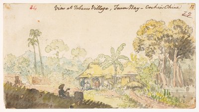 34’ タバコ村の眺め、トゥロン湾 - コーチン中国、’  1792年から1794年にかけてマッカートニー卿の中国皇帝への大使館で作成された風景、海岸線、衣装、日常生活の372枚の絵のアルバムから（紙に鉛筆と水彩） 作： William Alexander