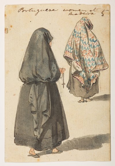 5 「マディエラのポルトガル人女性」  1792年から1794年にかけてマッカートニー卿の中国皇帝への大使館で作成された風景、海岸線、衣装、日常生活の372枚の絵のアルバムから（紙に鉛筆と水彩） 作： William Alexander