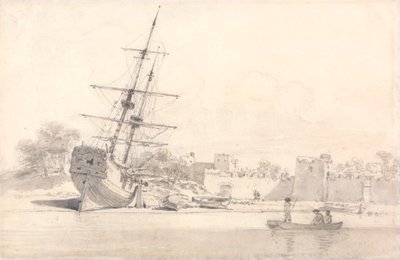 いくつかの要塞化された建物の下の海岸に描かれた小さな帆船 作： William Alexander