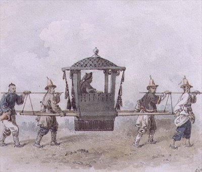 駕籠を背負う中国の使用人たち（水彩画 作： William Alexander