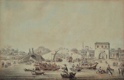 橋の下を通過する準備をしている大使館の中国のはしけ 作： William Alexander