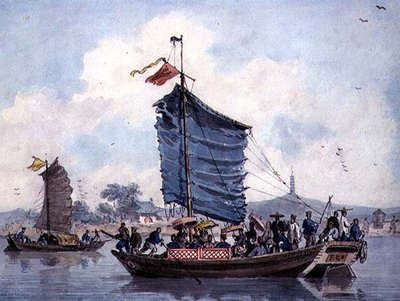 ジャンク船が航行する中国の川の風景 作： William Alexander