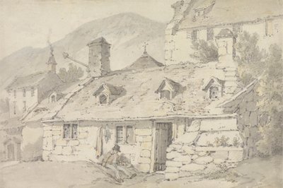 手前の人物と山岳風景の石造りのコテージ 作： William Alexander