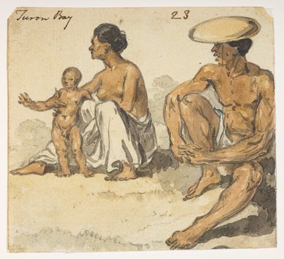 f.4 23 「トゥーロン湾」の男、女、子供。  1792年から1794年にかけてマッカートニー卿の中国皇帝への大使館で作成された風景、海岸線、衣装、日常生活の372枚の絵のアルバムから（紙に鉛筆と水彩） 作： William Alexander