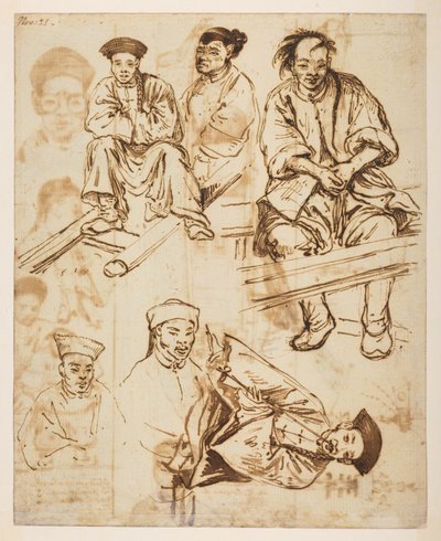 [f.57 140v 人物研究、中国人男性。 「11 月 21 日」、1792 年から 1794 年の間にマッカートニー卿の中国皇帝への大使館で作成された、風景、海岸線、衣装、日常生活の 372 枚の図面のアルバムから (紙に鉛筆と水彩) 作： William Alexander