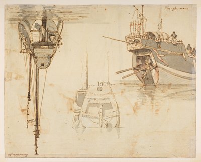f.58 145v ボート。 11 月 20 日。  、1792年から1794年の間にマッカートニー卿の中国皇帝への大使館で作成された風景、海岸線、衣装、日常生活の372枚の絵のアルバムから（紙に鉛筆と水彩） 作： William Alexander