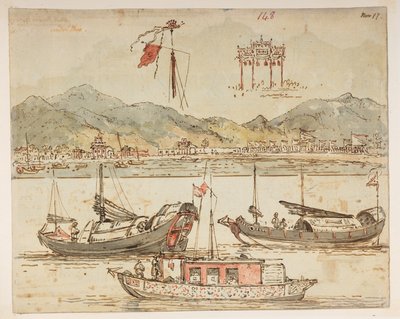 f.59 148 ボートと凱旋門。  、1792年から1794年の間にマッカートニー卿の中国皇帝への大使館で作成された風景、海岸線、衣装、日常生活の372枚の絵のアルバムから（紙に鉛筆と水彩） 作： William Alexander