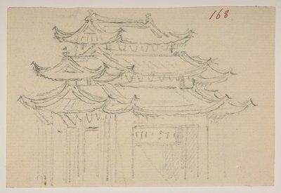 f.63 168 の寺院。  、1792年から1794年の間にマッカートニー卿の中国皇帝への大使館で作成された風景、海岸線、衣装、日常生活の372枚の絵のアルバムから（紙に鉛筆と水彩） 作： William Alexander
