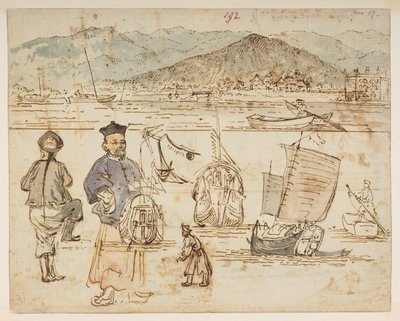 f.67 192 図研究、192 にボートが含まれています。  、1792年から1794年の間にマッカートニー卿の中国皇帝への大使館で作成された風景、海岸線、衣装、日常生活の372枚の絵のアルバムから（紙に鉛筆と水彩） 作： William Alexander