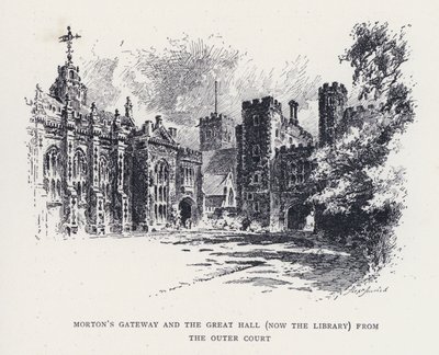 アウターコートから見たモートンズ・ゲートウェイとグレート・ホール（現・図書館）（エングレーヴィング 作： William Alexander Ansted