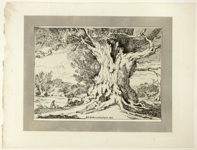 ポリオートグラフィーの標本の創刊号より、大きな木の下で休む男と犬 作： William Alfred Delamotte