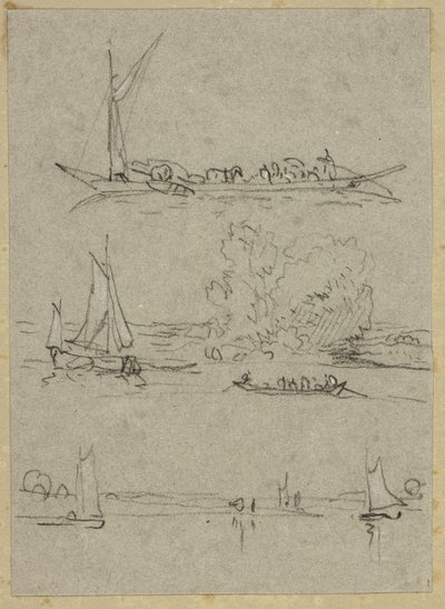 デュッセルドルフ川のボートの 3 つのスケッチ 作： William Alfred Delamotte