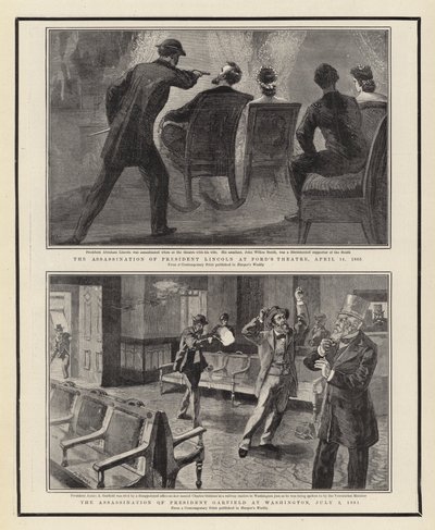 1865年4月14日、フォード劇場でのリンカーン大統領暗殺、1881年7月2日、ワシントンでのガーフィールド大統領暗殺 作： William Allen Rogers