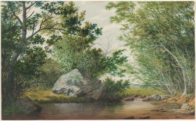 樹木が茂った小川と岩のある風景 作： William Allen Wall