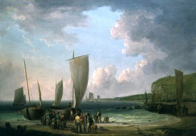 漁師が荷揚げする海岸の風景 作： William Anderson