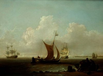漁師が岸壁の船を積み込んでいるオランダ沖の船舶 作： William Anderson