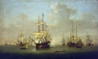 フランス革命戦争（1793年～1802年）前夜の1790年、スピットヘッド（イギリス）にて、104門の新型軍艦「クイーン・シャーロット」。 作： William Anderson
