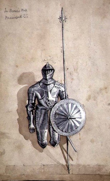 ダラム、ブランスペス城、男爵の広間の鎧兜の習作（水彩、鉛筆、紙） 作： William Andrews Nesfield
