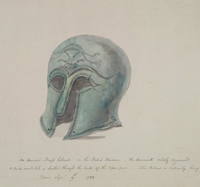 1784年、ロンドンのホルボーンにある大英博物館所蔵の古代の真鍮製ヘルメット 作： William Angus
