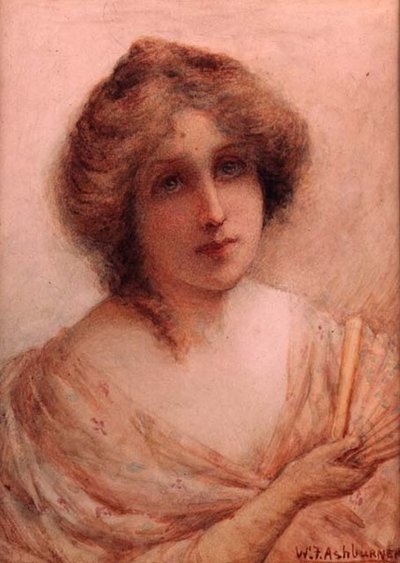 ピンクのドレスを着て扇子を持つ女性（水彩・紙） 作： William Ashburner
