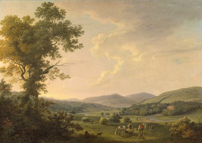 ヘイメーカーのいる風景とジョージ王朝様式の家の遠景、1780年頃（キャンバスに油彩） 作： William Ashford