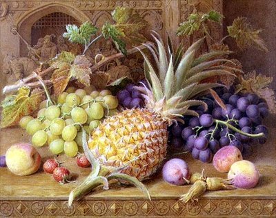 ドレッサーに置かれたパイナップル、ブドウ、桃、イチゴ、ヘーゼルナッツの静物画 作： William B. Hough