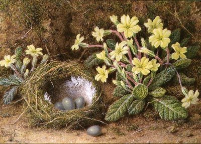 巣の中の卵とサクラソウの静物画 作： William B. Hough