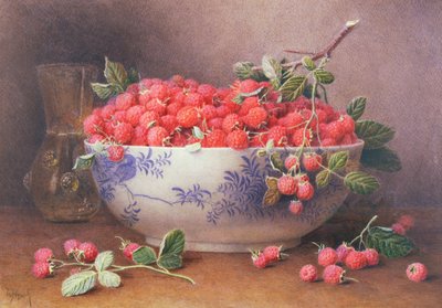 青と白のボウルにラズベリーの静物 作： William B. Hough
