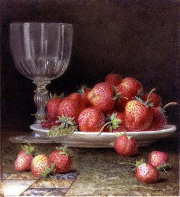 イチゴとグラス（水彩画） 作： William B. Hough