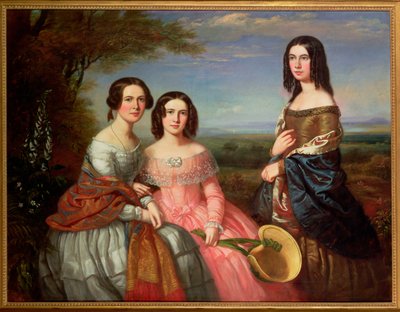 1849年の風景の中の3人の少女のグループポートレート、4分の3の長さ 作： William Baker