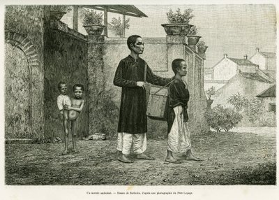 歩く魔術師、盲目の按摩師。1884年、エドゥアール・シャルトン（1807-1890）の指揮のもと、ポール・オカール医師が「le tour du monde 1890」に掲載した物語「Trente mois au Tonkin」を説明するために、バルボタンが描いたもの。 作： William Barbotin