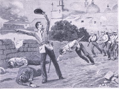 1857年9月25日、ラクナウのシャルバグ橋を運ぶ、陸と海でのイギリスの戦い、1915年のイラスト 作： William Barnes Wollen