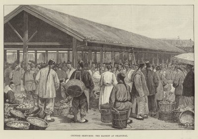 中国スケッチ、上海の市場 作： William Barnes Wollen