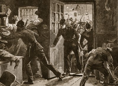1886年のナショナルリーグ選手と警察の間のエニスでの戦い、「カッセルのイラスト入りのイングランドの歴史」（セピア写真）のイラスト 作： William Barnes Wollen