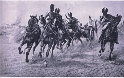 銃を前に：ウォータールー1815年6月18日、イギリスの陸と海の戦い1915年のイラスト 作： William Barnes Wollen