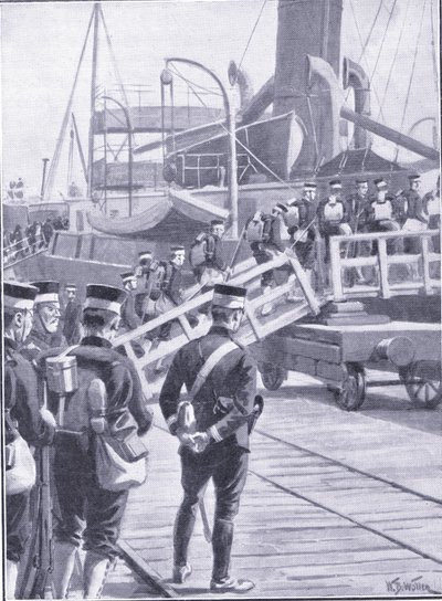 神戸に進軍する日本軍、カッセルの日露戦争の歴史第1巻、1900年のイラスト 作： William Barnes Wollen