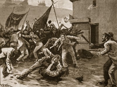 ベルファストの暴動、1886年、「カッセルの図解されたイングランドの歴史」（セピア写真）のイラスト 作： William Barnes Wollen
