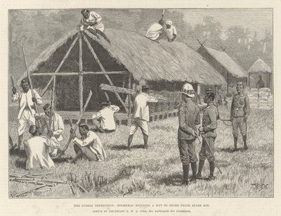 Lushai Expedition、Goorkhasがスペアキットを保管するための小屋を建設 作： William Barnes Wollen