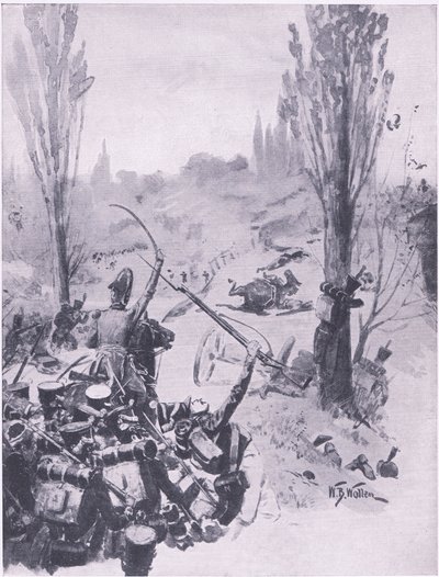 1815年6月16日、リニーでのフランス軍の前進、1915年の陸と海でのイギリスの戦いのイラスト 作： William Barnes Wollen