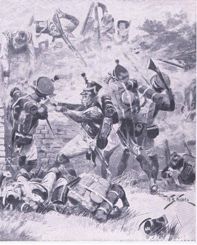 ウーゴモントの壁への攻撃：ウォータールー1815、陸と海でのイギリスの戦い、1915年のイラスト 作： William Barnes Wollen